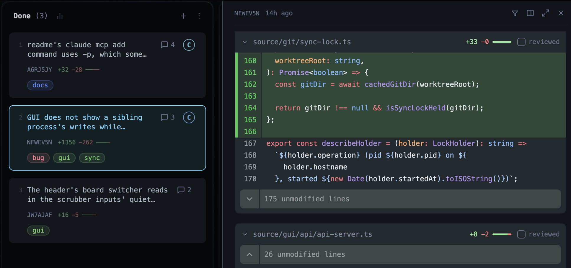 A ticket's Code tab beside its lane, showing a linked commit's files expanded into their diffs